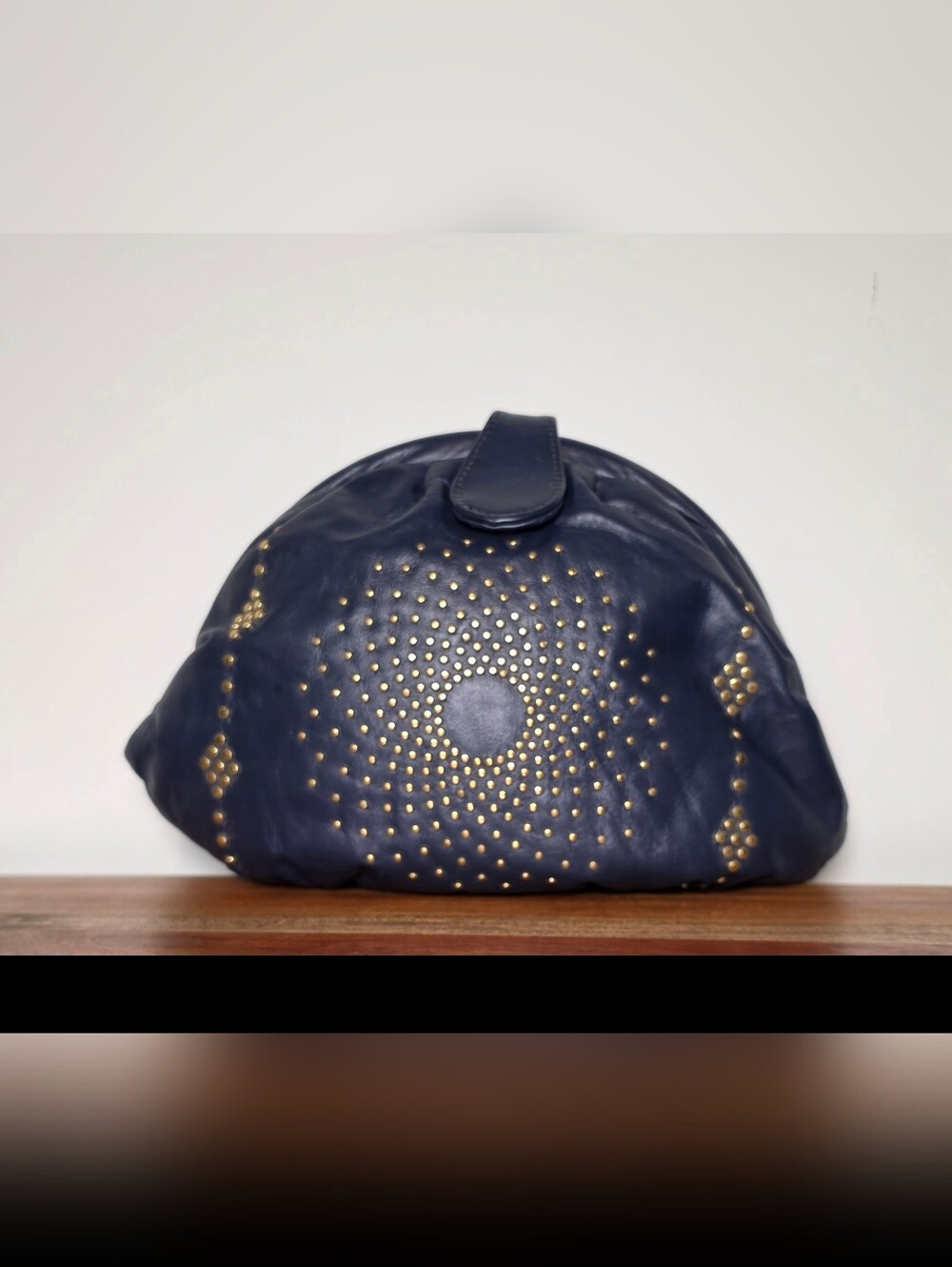 Vintage 80s Navy Blue Leather Studded Sunburst Clamshell Pouch Clutch